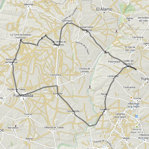 Miniatura mapy "Przejażdżka szosowa w okolicach La Torre de Esteban Hambrán" - trasy rowerowej w Castilla-La Mancha, Spain. Wygenerowane przez planer tras rowerowych Tarmacs.app