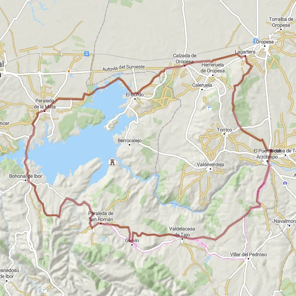Miniatura mapy "Wyprawa gravelowa od Lagartera do Calzada de Oropesa" - trasy rowerowej w Castilla-La Mancha, Spain. Wygenerowane przez planer tras rowerowych Tarmacs.app