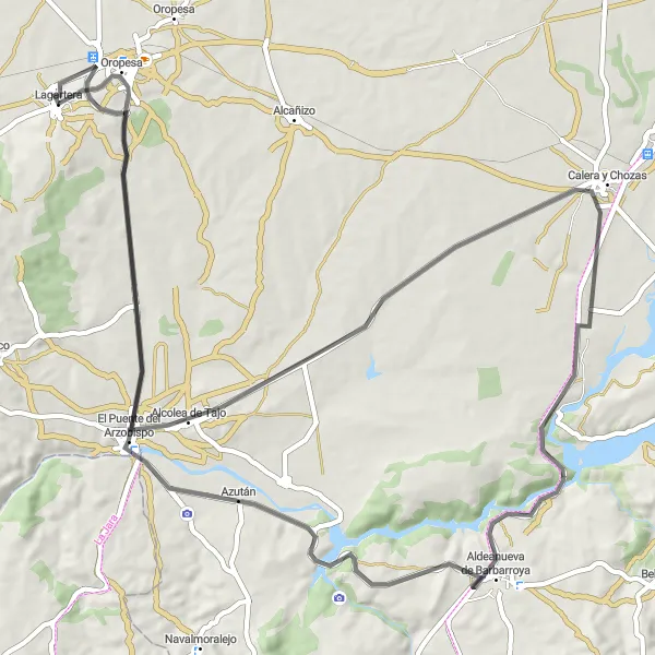 Miniatura mapy "Szlak przez Oropesa i Aldeanueva de Barbarroya" - trasy rowerowej w Castilla-La Mancha, Spain. Wygenerowane przez planer tras rowerowych Tarmacs.app