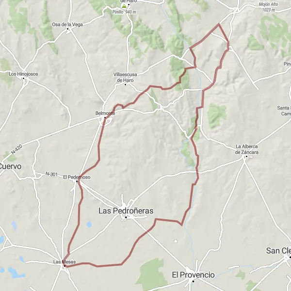 Miniatuurkaart van de fietsinspiratie "Avontuurlijke route van Las Mesas naar Villar de la Encina en Castillo de Santiago de la Torre" in Castilla-La Mancha, Spain. Gemaakt door de Tarmacs.app fietsrouteplanner