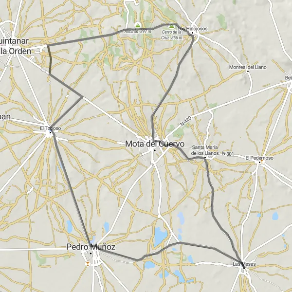 Miniatura mapy "Trasa przez Pedro Muñoz do Las Mesas" - trasy rowerowej w Castilla-La Mancha, Spain. Wygenerowane przez planer tras rowerowych Tarmacs.app