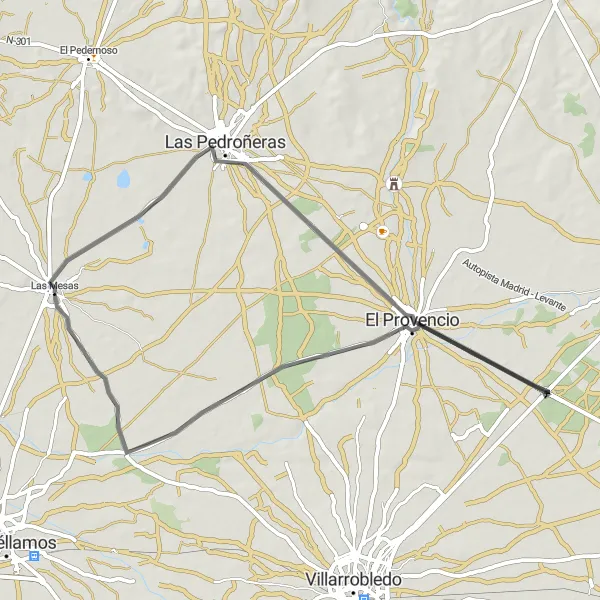 Miniatura mapy "Przejażdżka z Las Pedroñeras do El Provencio" - trasy rowerowej w Castilla-La Mancha, Spain. Wygenerowane przez planer tras rowerowych Tarmacs.app
