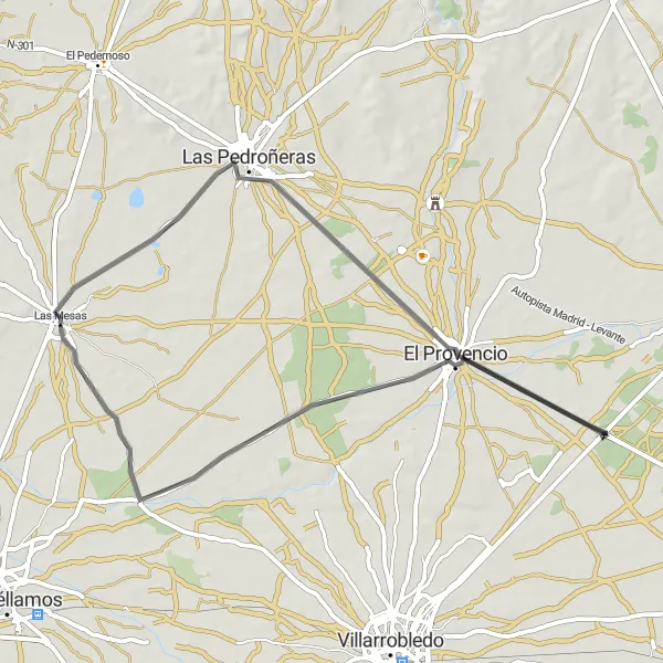 Map miniature of "Las Pedroñeras Loop" cycling inspiration in Castilla-La Mancha, Spain. Generated by Tarmacs.app cycling route planner