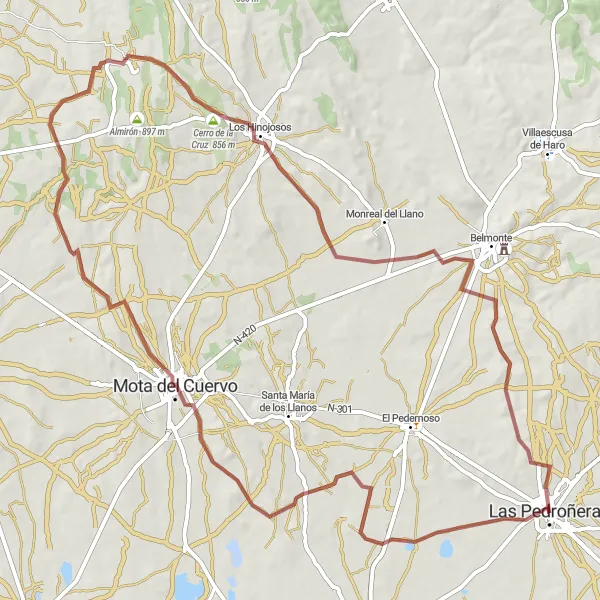 Miniatua del mapa de inspiración ciclista "Ruta en bicicleta desde Las Pedroñeras" en Castilla-La Mancha, Spain. Generado por Tarmacs.app planificador de rutas ciclistas