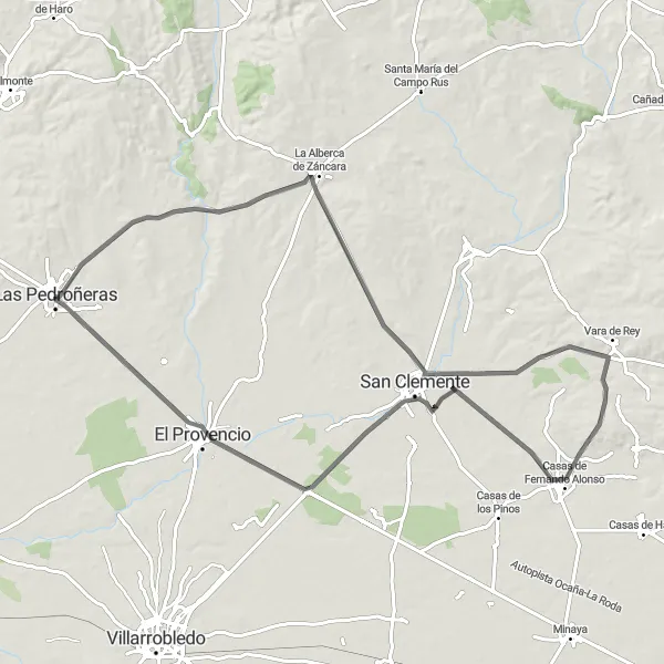 Miniatua del mapa de inspiración ciclista "Ruta en bicicleta de carretera desde Las Pedroñeras" en Castilla-La Mancha, Spain. Generado por Tarmacs.app planificador de rutas ciclistas