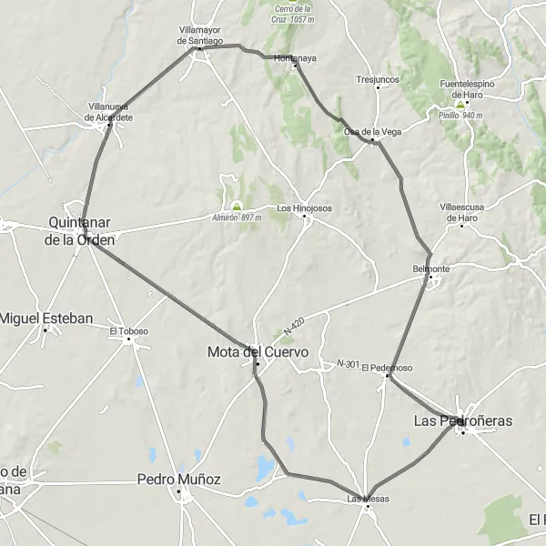 Miniatua del mapa de inspiración ciclista "Ruta de Las Pedroñeras a El Pedernoso" en Castilla-La Mancha, Spain. Generado por Tarmacs.app planificador de rutas ciclistas