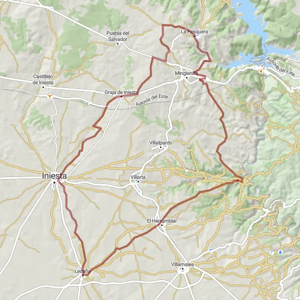 Miniatua del mapa de inspiración ciclista "Ruta de grava a través de Iniesta y La Pesquera" en Castilla-La Mancha, Spain. Generado por Tarmacs.app planificador de rutas ciclistas