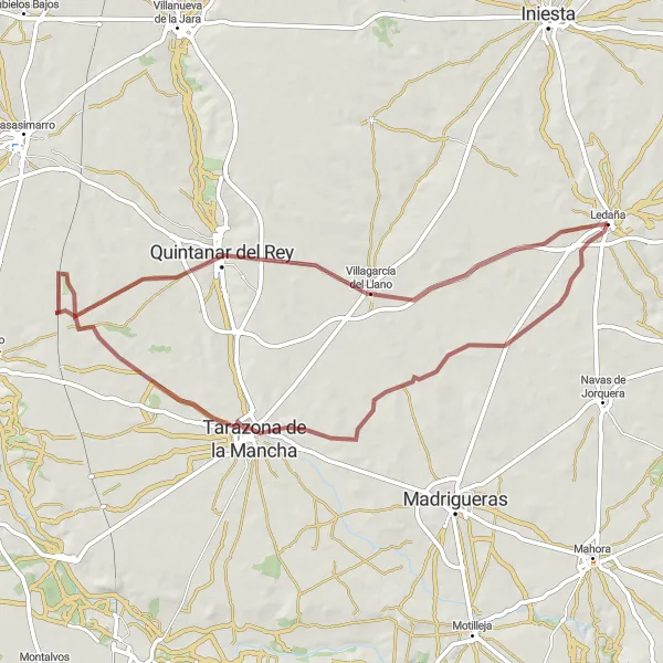 Miniatuurkaart van de fietsinspiratie "Gravelrit naar Quintanar del Rey en Tarazona de la Mancha" in Castilla-La Mancha, Spain. Gemaakt door de Tarmacs.app fietsrouteplanner
