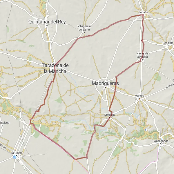 Miniatuurkaart van de fietsinspiratie "Gravelavontuur naar Motilleja en Pinos de Santiago" in Castilla-La Mancha, Spain. Gemaakt door de Tarmacs.app fietsrouteplanner