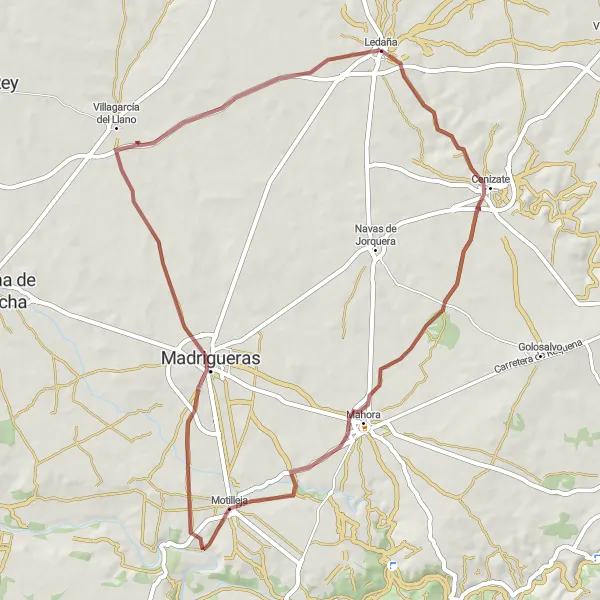 Miniaturekort af cykelinspirationen "Grusvejscykelruten til Pinos de Santiago via Cenizate og Madrigueras" i Castilla-La Mancha, Spain. Genereret af Tarmacs.app cykelruteplanlægger