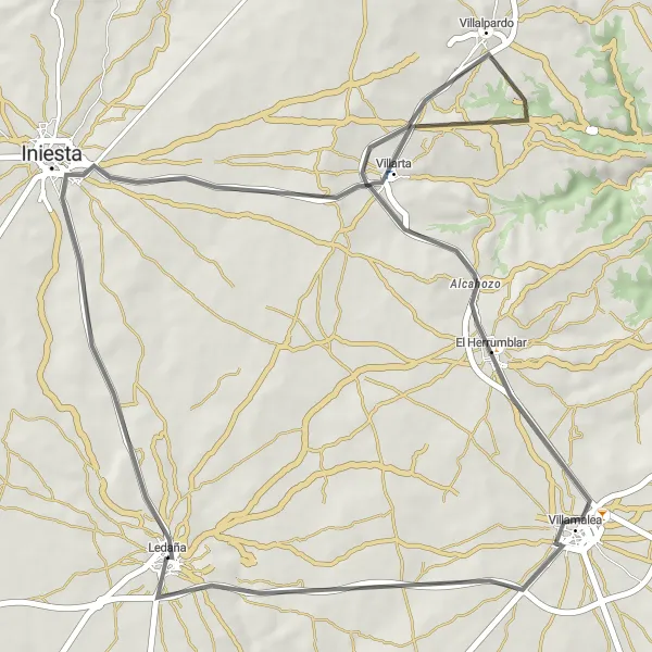 Map miniature of "The Scenic Loop: Ledaña to Villamalea" cycling inspiration in Castilla-La Mancha, Spain. Generated by Tarmacs.app cycling route planner