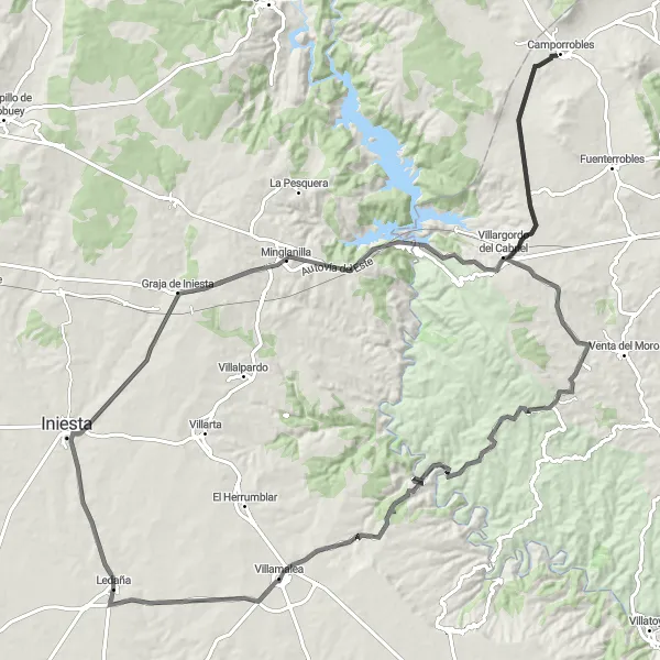Miniatua del mapa de inspiración ciclista "Ruta panorámica por carretera a través de Iniesta y Camporrobles" en Castilla-La Mancha, Spain. Generado por Tarmacs.app planificador de rutas ciclistas