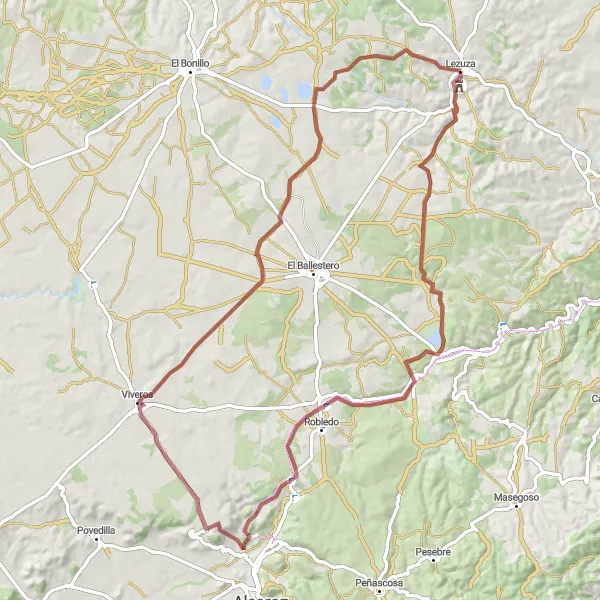 Map miniature of "Gravel Cycling Adventure near Lezuza" cycling inspiration in Castilla-La Mancha, Spain. Generated by Tarmacs.app cycling route planner