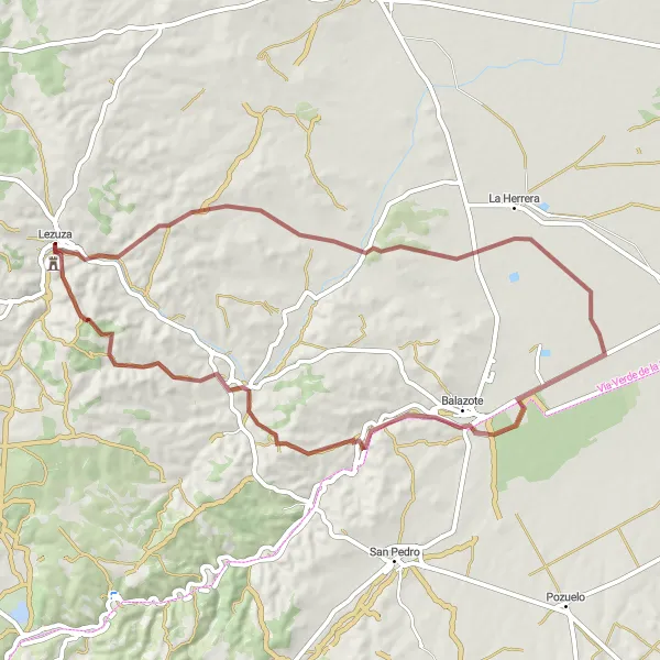 Miniatua del mapa de inspiración ciclista "Aventura en Grava cerca de Lezuza" en Castilla-La Mancha, Spain. Generado por Tarmacs.app planificador de rutas ciclistas