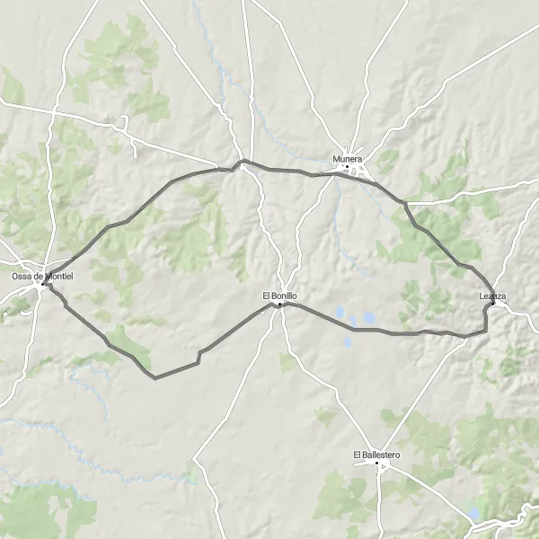 Map miniature of "Scenic Road Cycling Route near Lezuza" cycling inspiration in Castilla-La Mancha, Spain. Generated by Tarmacs.app cycling route planner