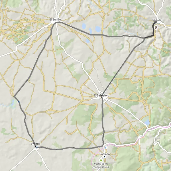 Map miniature of "Lezuza to El Bonillo Loop" cycling inspiration in Castilla-La Mancha, Spain. Generated by Tarmacs.app cycling route planner