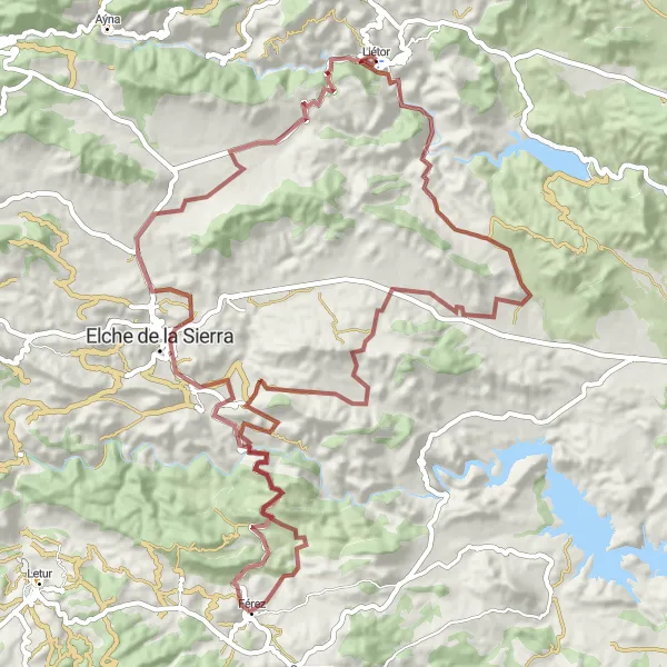 Map miniature of "Gravel Adventure around Liétor" cycling inspiration in Castilla-La Mancha, Spain. Generated by Tarmacs.app cycling route planner