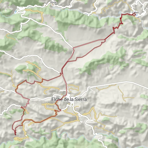 Miniatuurkaart van de fietsinspiratie "Gravelroute naar Elche de la Sierra" in Castilla-La Mancha, Spain. Gemaakt door de Tarmacs.app fietsrouteplanner