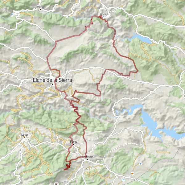 Miniatua del mapa de inspiración ciclista "Aventura en grava alrededor de Liétor" en Castilla-La Mancha, Spain. Generado por Tarmacs.app planificador de rutas ciclistas