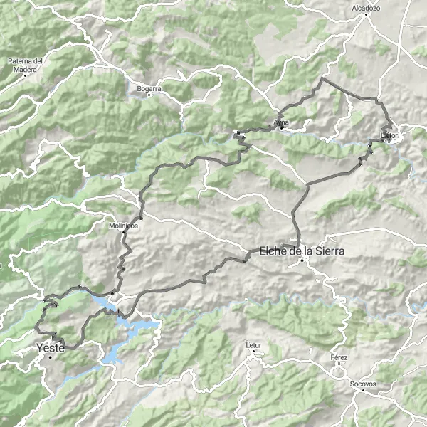 Map miniature of "Elche de la Sierra and Castillo de Yeste" cycling inspiration in Castilla-La Mancha, Spain. Generated by Tarmacs.app cycling route planner