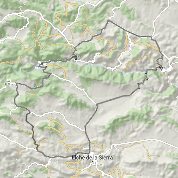 Map miniature of "Road Adventure to Elche de la Sierra" cycling inspiration in Castilla-La Mancha, Spain. Generated by Tarmacs.app cycling route planner