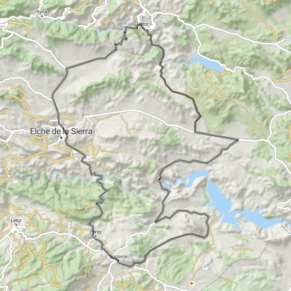 Miniatua del mapa de inspiración ciclista "Reto en carretera desde Liétor" en Castilla-La Mancha, Spain. Generado por Tarmacs.app planificador de rutas ciclistas