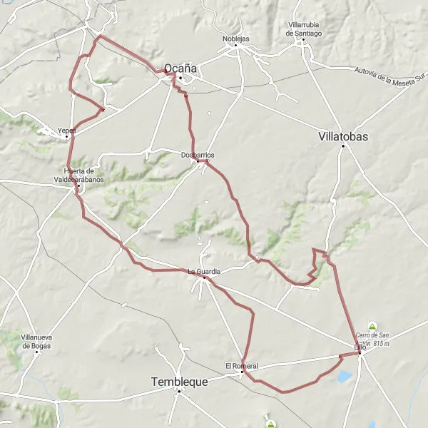 Miniatua del mapa de inspiración ciclista "Ruta de Grava desde Lillo a El Romeral, Cerro Santo, La Guardia, Huerta de Valdecarábanos, Ciruelos, Ocaña y Dosbarrios" en Castilla-La Mancha, Spain. Generado por Tarmacs.app planificador de rutas ciclistas