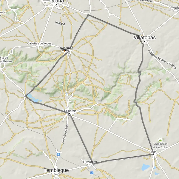 Miniatua del mapa de inspiración ciclista "Ruta en bicicleta de carretera desde Lillo" en Castilla-La Mancha, Spain. Generado por Tarmacs.app planificador de rutas ciclistas