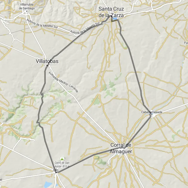 Miniatua del mapa de inspiración ciclista "Recorrido en bicicleta de carretera desde Lillo" en Castilla-La Mancha, Spain. Generado por Tarmacs.app planificador de rutas ciclistas