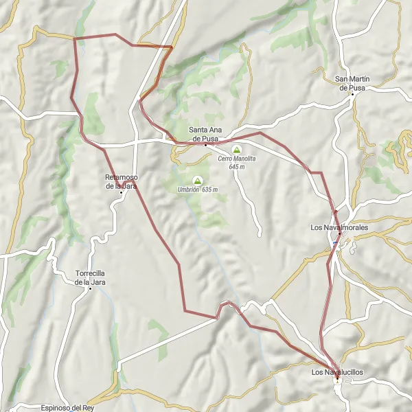 Miniatuurkaart van de fietsinspiratie "Gravelroute door Los Navalucillos en omgeving" in Castilla-La Mancha, Spain. Gemaakt door de Tarmacs.app fietsrouteplanner