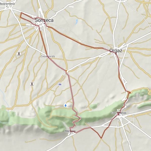 Miniatuurkaart van de fietsinspiratie "Gravelroute naar Arisgotas en Sonseca vanuit Los Yébenes" in Castilla-La Mancha, Spain. Gemaakt door de Tarmacs.app fietsrouteplanner