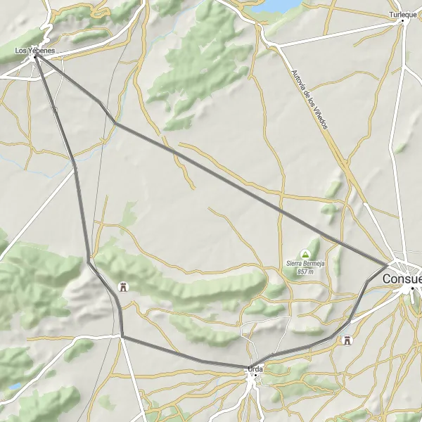 Map miniature of "Castles and Presas Route" cycling inspiration in Castilla-La Mancha, Spain. Generated by Tarmacs.app cycling route planner