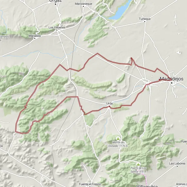 Miniatuurkaart van de fietsinspiratie "Rondrit vanuit Madridejos naar Consuegra en Urda" in Castilla-La Mancha, Spain. Gemaakt door de Tarmacs.app fietsrouteplanner