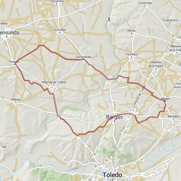 Miniatura mapy "Wyprawa szutrowa przez Bargas, Huecas i Camarenilla" - trasy rowerowej w Castilla-La Mancha, Spain. Wygenerowane przez planer tras rowerowych Tarmacs.app