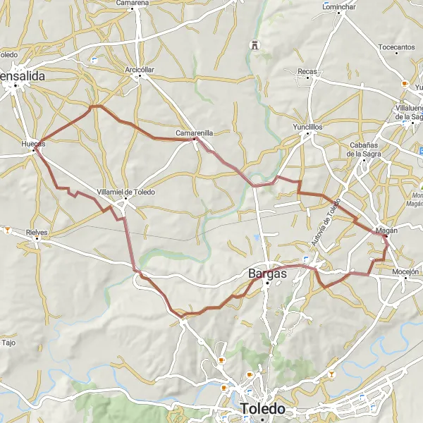 Map miniature of "Magán to Bargas via Huecas and Camarenilla Gravel Route" cycling inspiration in Castilla-La Mancha, Spain. Generated by Tarmacs.app cycling route planner