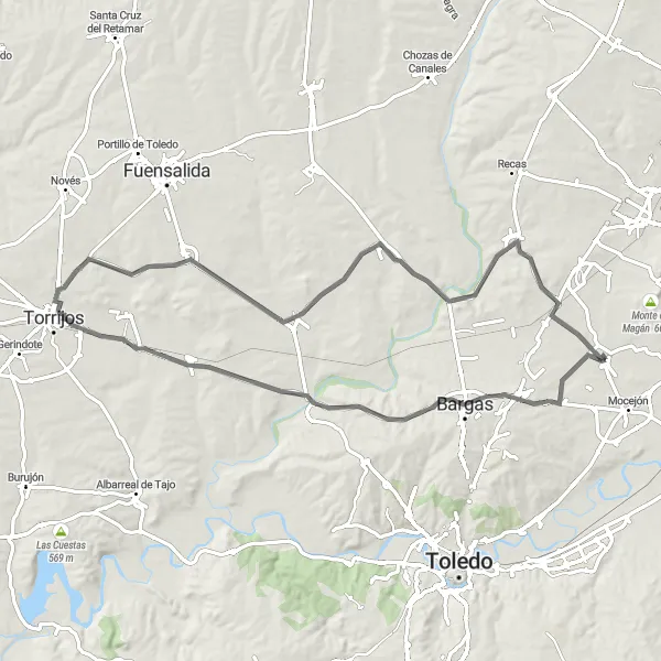 Miniatuurkaart van de fietsinspiratie "Weg fietsroute: Bargas naar Yunclillos via Rielves en Huecas" in Castilla-La Mancha, Spain. Gemaakt door de Tarmacs.app fietsrouteplanner