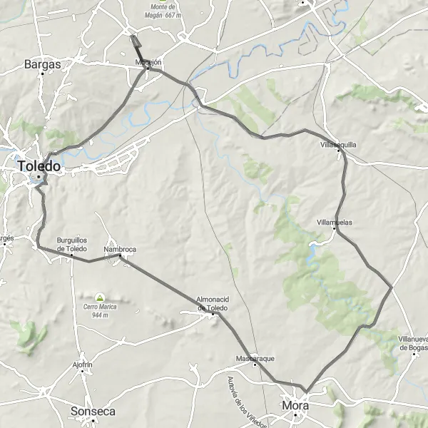 Miniatua del mapa de inspiración ciclista "Ruta de ciclismo de carretera por los pueblos cercanos" en Castilla-La Mancha, Spain. Generado por Tarmacs.app planificador de rutas ciclistas