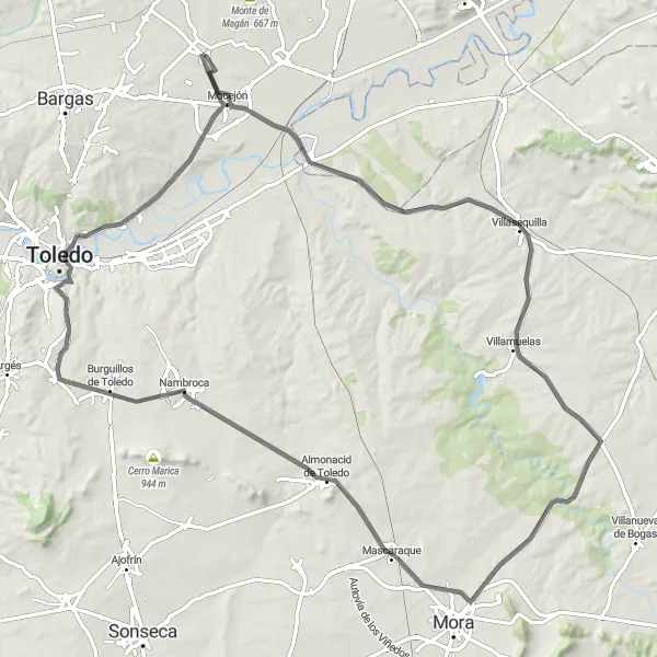 Miniatuurkaart van de fietsinspiratie "Rood naar Villasequilla en Cobisa rondrit" in Castilla-La Mancha, Spain. Gemaakt door de Tarmacs.app fietsrouteplanner