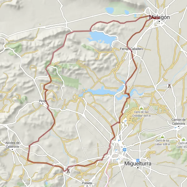 Map miniature of "The Hidden Gems of Malagón" cycling inspiration in Castilla-La Mancha, Spain. Generated by Tarmacs.app cycling route planner