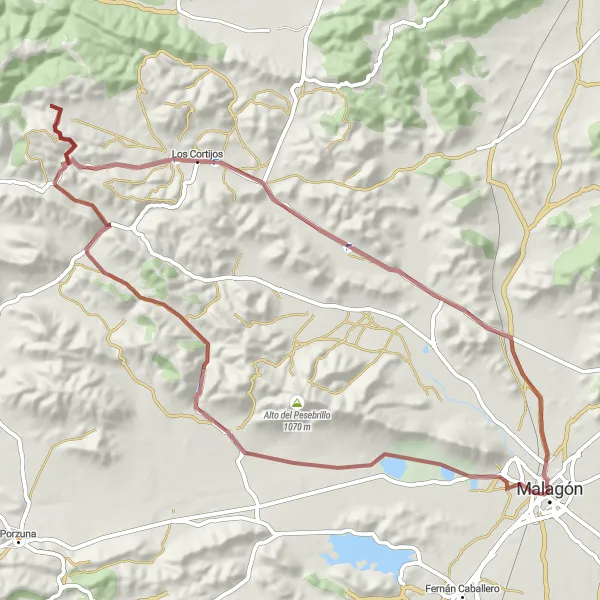Miniatua del mapa de inspiración ciclista "Ruta de Grava a Fuencaliente" en Castilla-La Mancha, Spain. Generado por Tarmacs.app planificador de rutas ciclistas