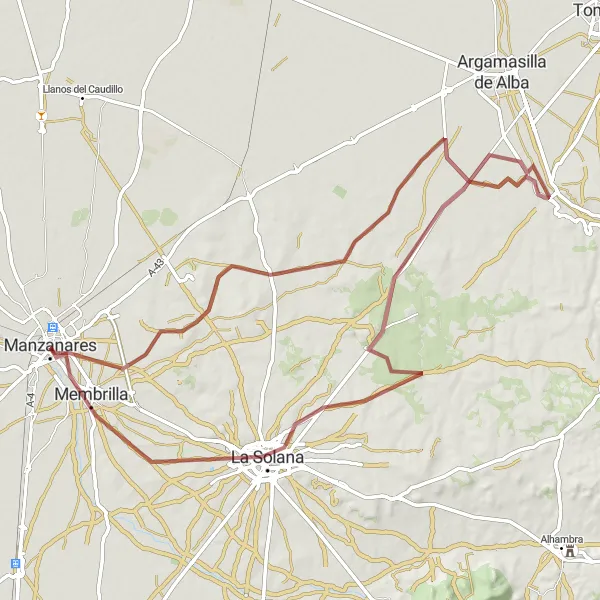 Miniatuurkaart van de fietsinspiratie "Gravelroute rond Manzanares" in Castilla-La Mancha, Spain. Gemaakt door de Tarmacs.app fietsrouteplanner