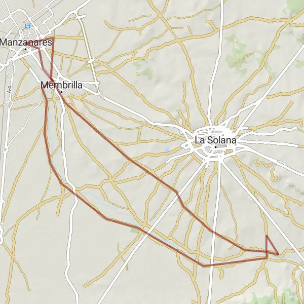 Miniatura mapy "Trasa wokół Manzanares" - trasy rowerowej w Castilla-La Mancha, Spain. Wygenerowane przez planer tras rowerowych Tarmacs.app