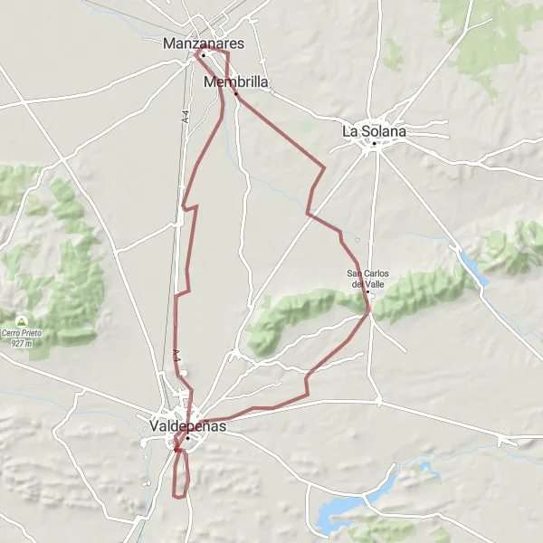 Map miniature of "Gravel Adventure through Castilla-La Mancha" cycling inspiration in Castilla-La Mancha, Spain. Generated by Tarmacs.app cycling route planner