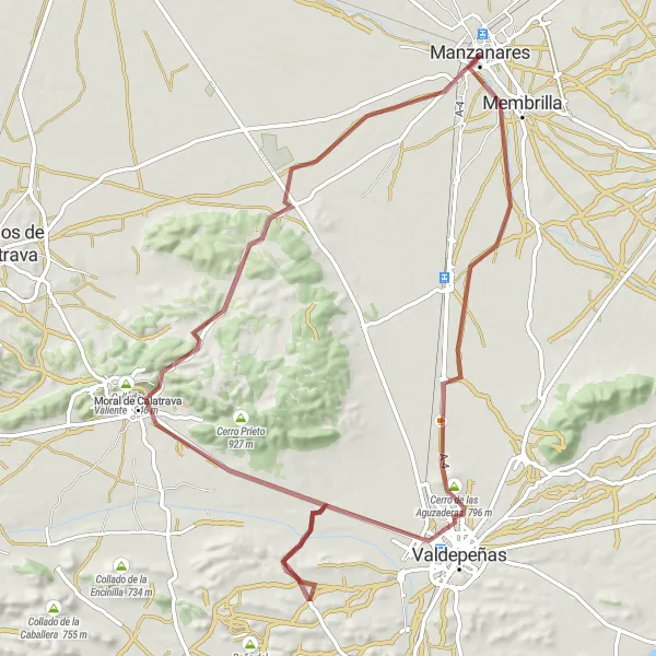 Miniatura mapy "Pojedynczy Szlak Gravelowy do Zamku Pilas Bonas i Cerro de las Aguzaderas" - trasy rowerowej w Castilla-La Mancha, Spain. Wygenerowane przez planer tras rowerowych Tarmacs.app