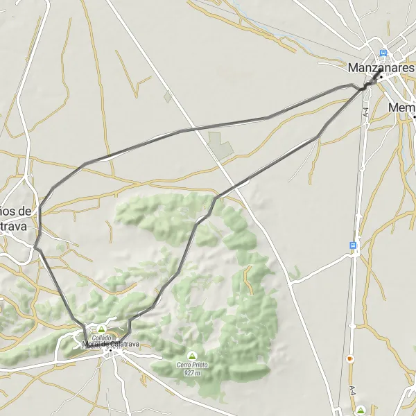 Miniatura mapy "Wysokie Wzgórza i Kultura Doliny Manzanares" - trasy rowerowej w Castilla-La Mancha, Spain. Wygenerowane przez planer tras rowerowych Tarmacs.app