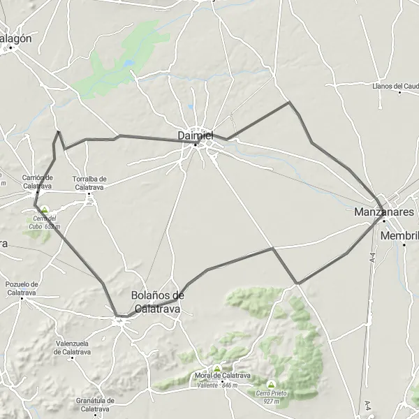 Miniatua del mapa de inspiración ciclista "Ruta en Bicicleta de Carretera a través de Almagro y Daimiel" en Castilla-La Mancha, Spain. Generado por Tarmacs.app planificador de rutas ciclistas