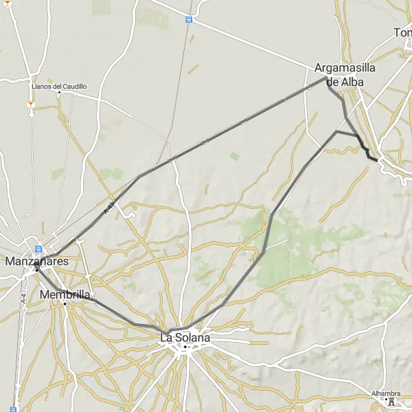 Miniatua del mapa de inspiración ciclista "Ruta en Bicicleta de Carretera por La Solana y Membrilla" en Castilla-La Mancha, Spain. Generado por Tarmacs.app planificador de rutas ciclistas