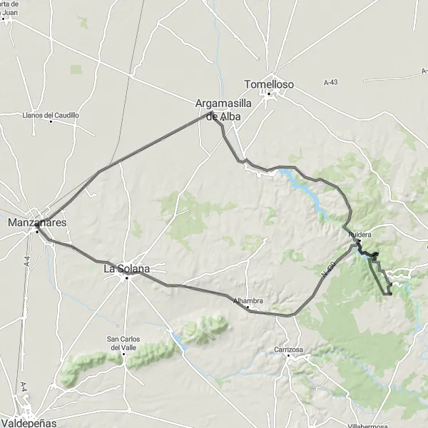 Miniatua del mapa de inspiración ciclista "Ruta en Bicicleta de Carretera a través de los Lagunas de Ruidera" en Castilla-La Mancha, Spain. Generado por Tarmacs.app planificador de rutas ciclistas