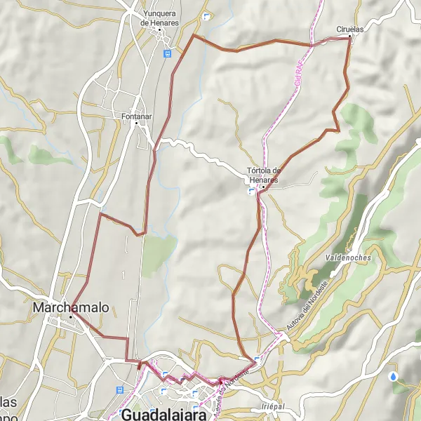 Map miniature of "Marchamalo Countryside Gravel Ride" cycling inspiration in Castilla-La Mancha, Spain. Generated by Tarmacs.app cycling route planner