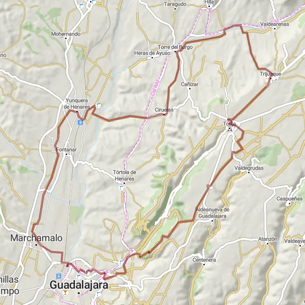 Map miniature of "Yunquera de Henares Gravel Journey" cycling inspiration in Castilla-La Mancha, Spain. Generated by Tarmacs.app cycling route planner